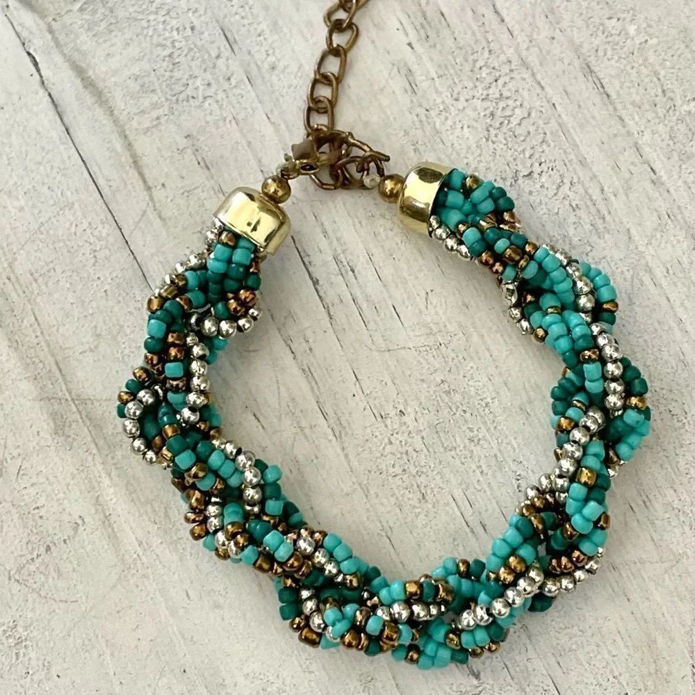 Blue silver gold tone twisted beaded bracelet
